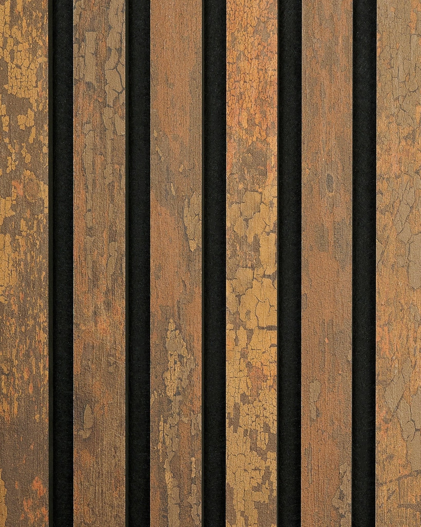 Le Rebel | Échantillon / Copper Oxide par WoodUpp présente des planches Panneau acoustique rustiques en brown vertical, avec un aspect vieilli et vintage.