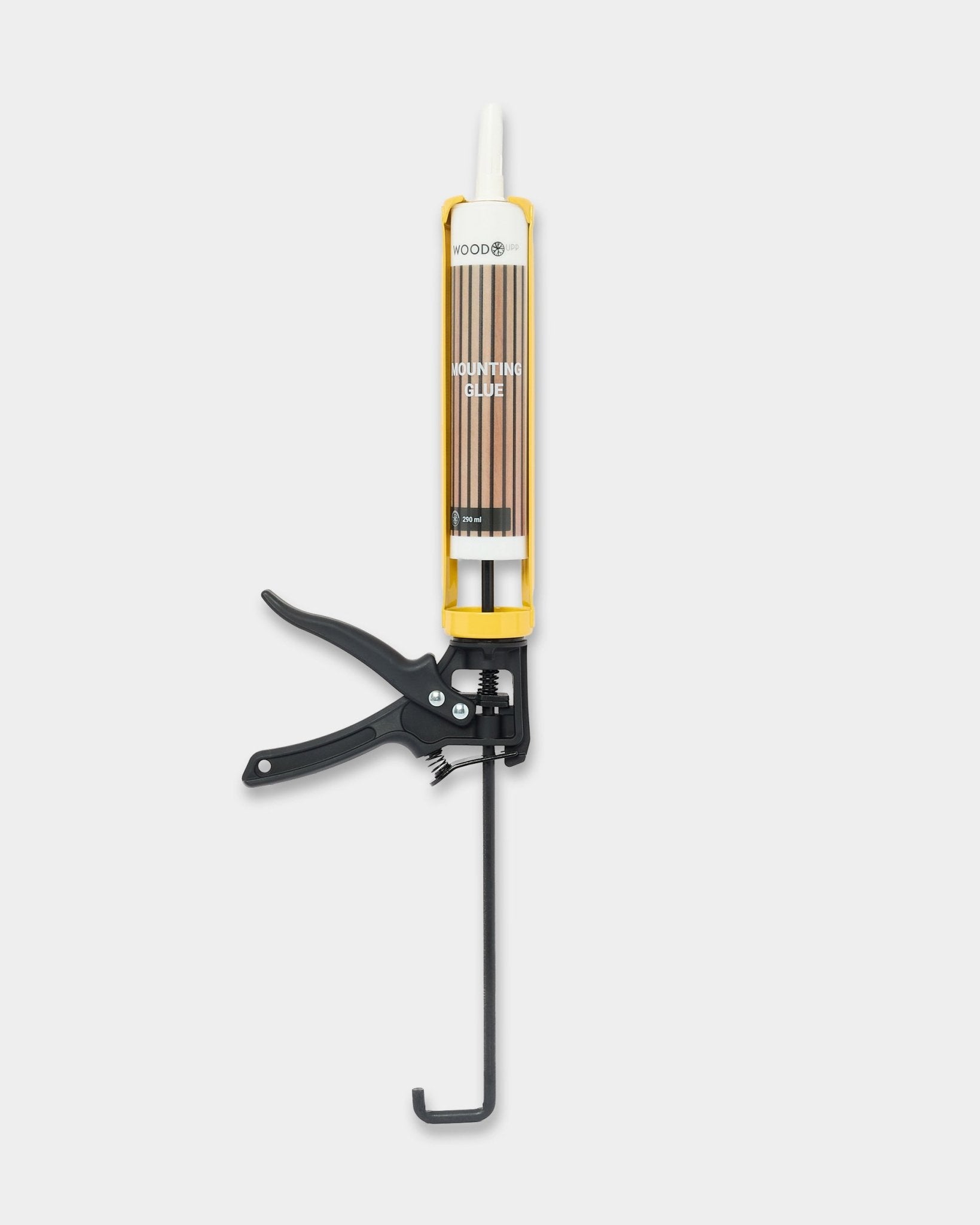 Outil de pose WoodUpp, pistolet à colle avec une cartouche de 290 ml, présenté sur un fond blanc uni, conçu pour les panneaux acoustiques en bois Akupanel.