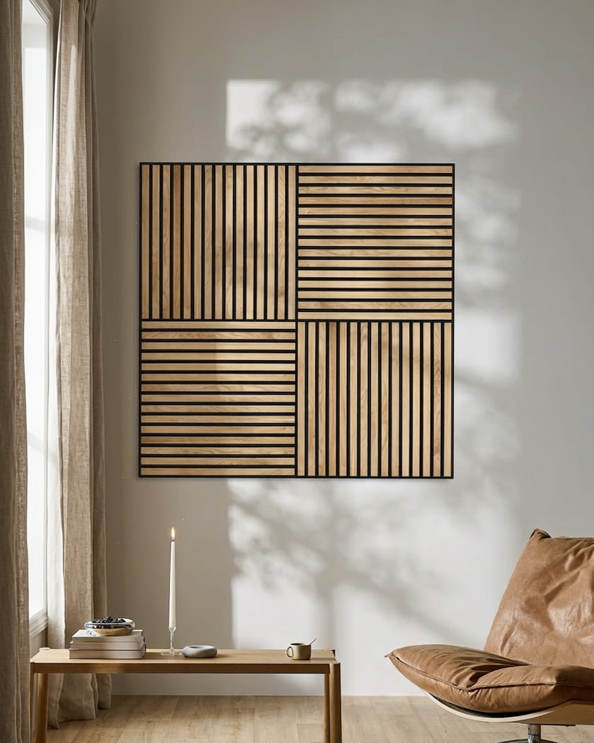 Salon moderne avec un fauteuil en cuir, une bougie allumée et le WoodUpp Akupixel Panneau acoustique en Rustic Natural Oak, projetant des ombres géométriques sur le mur.