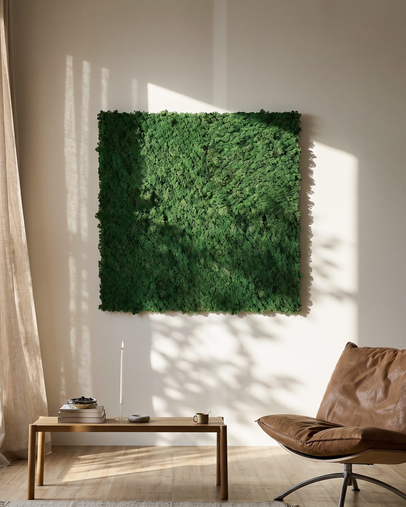 WoodUpp Akupixel Moss Green Panneau acoustique (60x60 cm) installé sur un mur beige au-dessus d’une table minimaliste et d’une chaise en cuir brown.