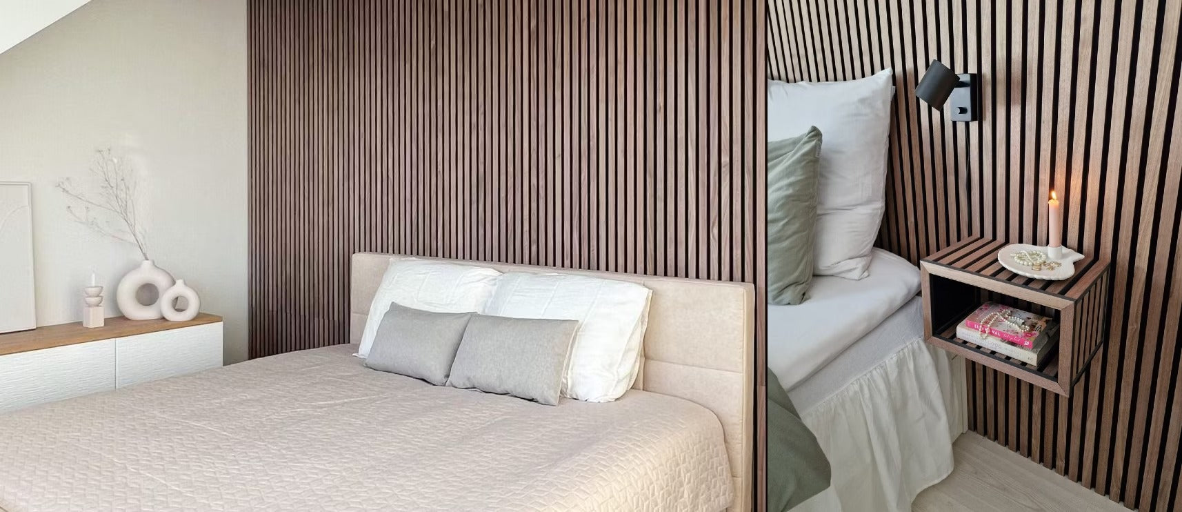 Une chambre à coucher moderne avec un lit beige, des oreillers neutres et un mur daccent en bois texturé Akupanel derrière une table de nuit flottante contenant des livres et une petite lampe.